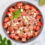 watermelon feta mint salad in a shallow serving bowl.