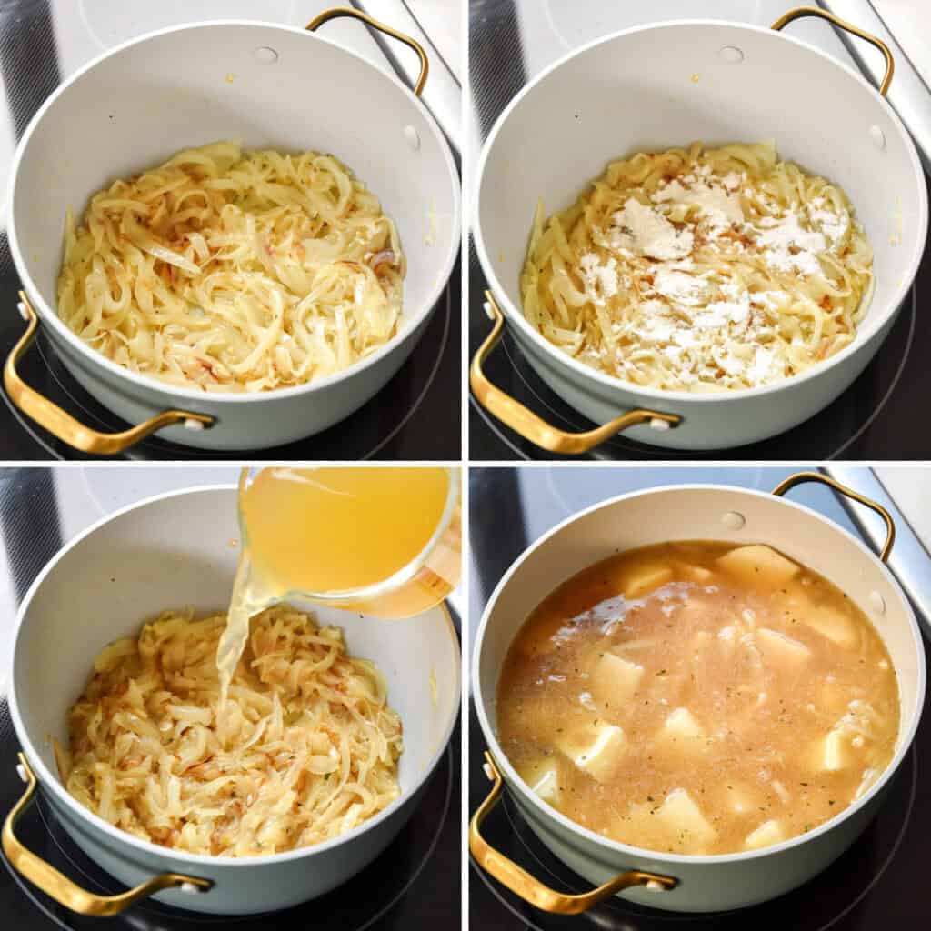 step by step of making the creamy potato onion soup, including adding broth and potatoes to the cooked onions.
