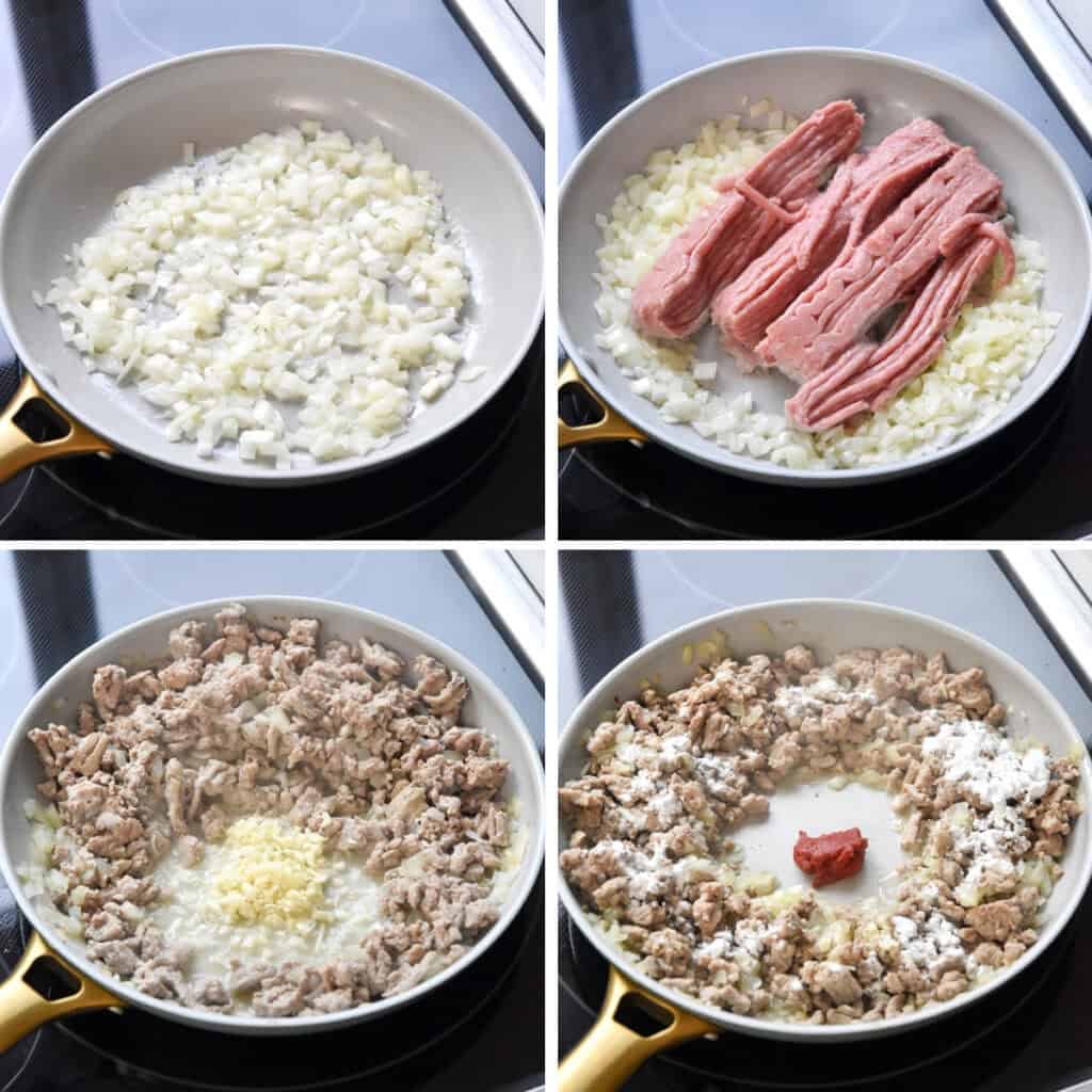 step by step of cooking the onions and the meat for the sloppy ground turkey white bean skillet.