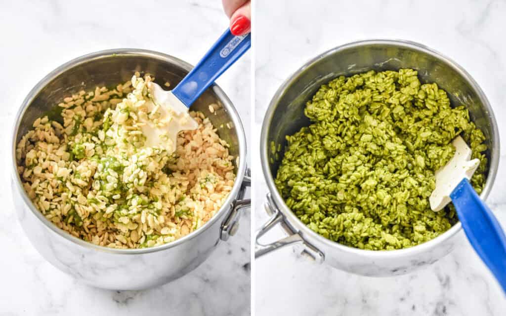 pouring puffed rice cereal into a green marshmallow mixture and stirring.