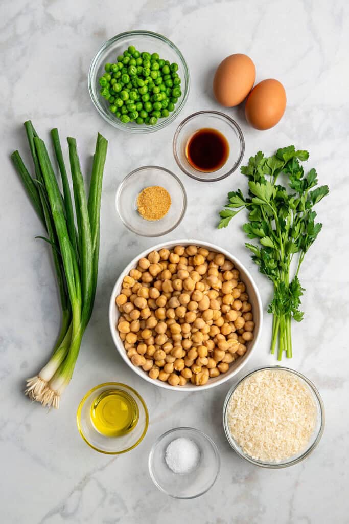 ingredients needed to make the herby chickpea veggie burgers before starting.