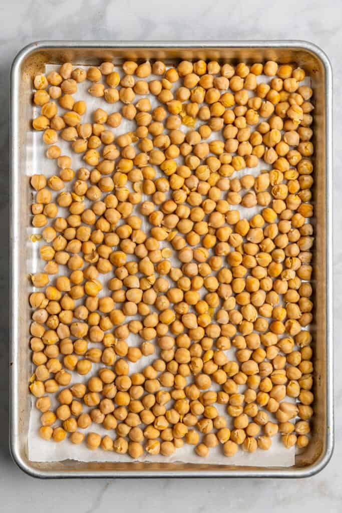 chickpeas on a rimmed sheet pan.