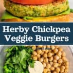 decorative pin image for herby chickpea veggie burgers.
