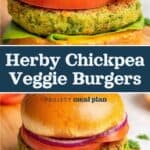 decorative pin image for herby chickpea veggie burgers.