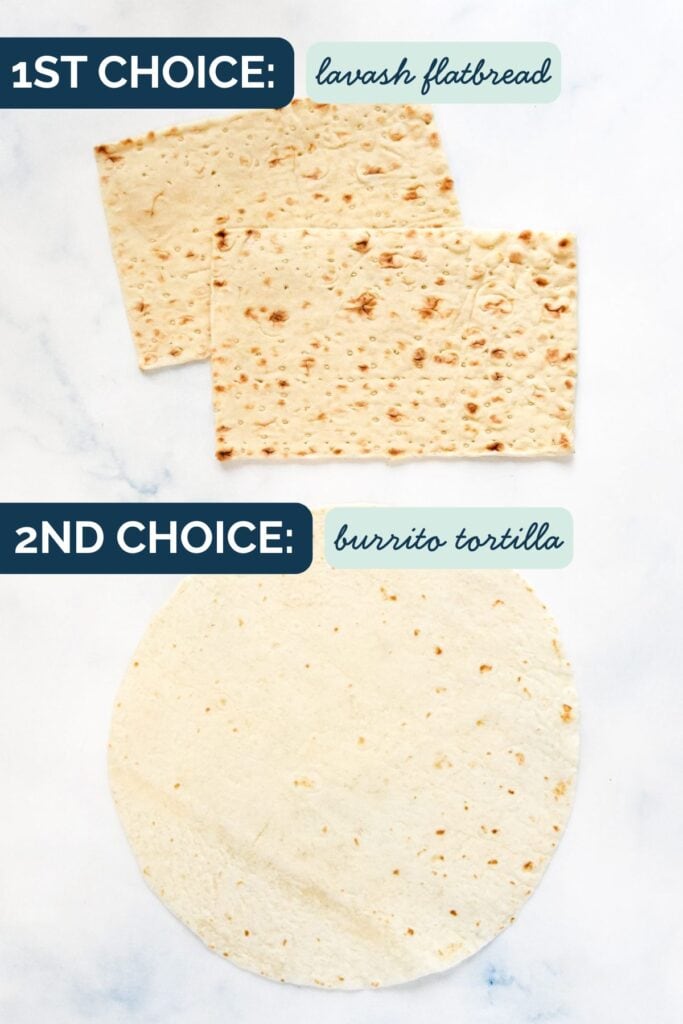 two options for the pinwheels, lavash flatbreads or burrito size tortilla.