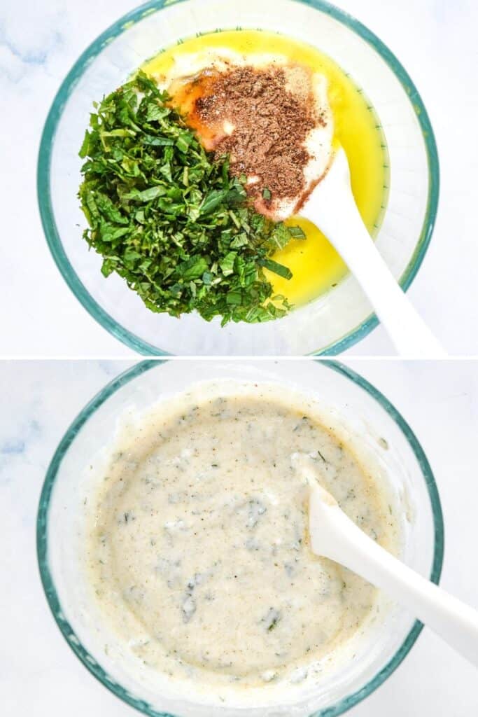 before and after mixing up the mint yogurt sauce.