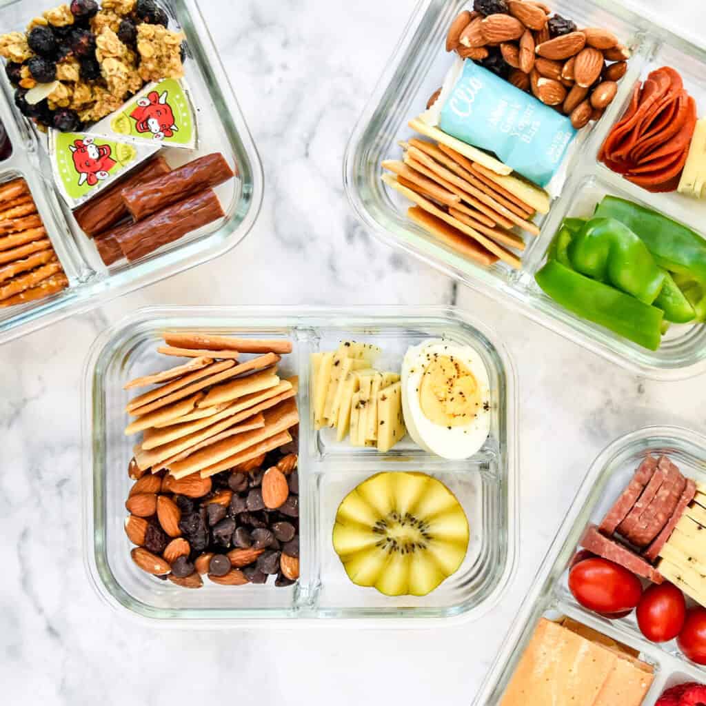 DIY adult lunchables in compartment style glass containers.