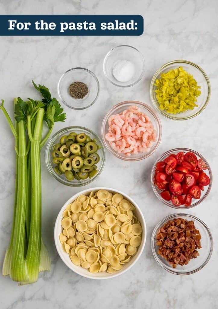 ingredients for the bloody mary pasta salad.