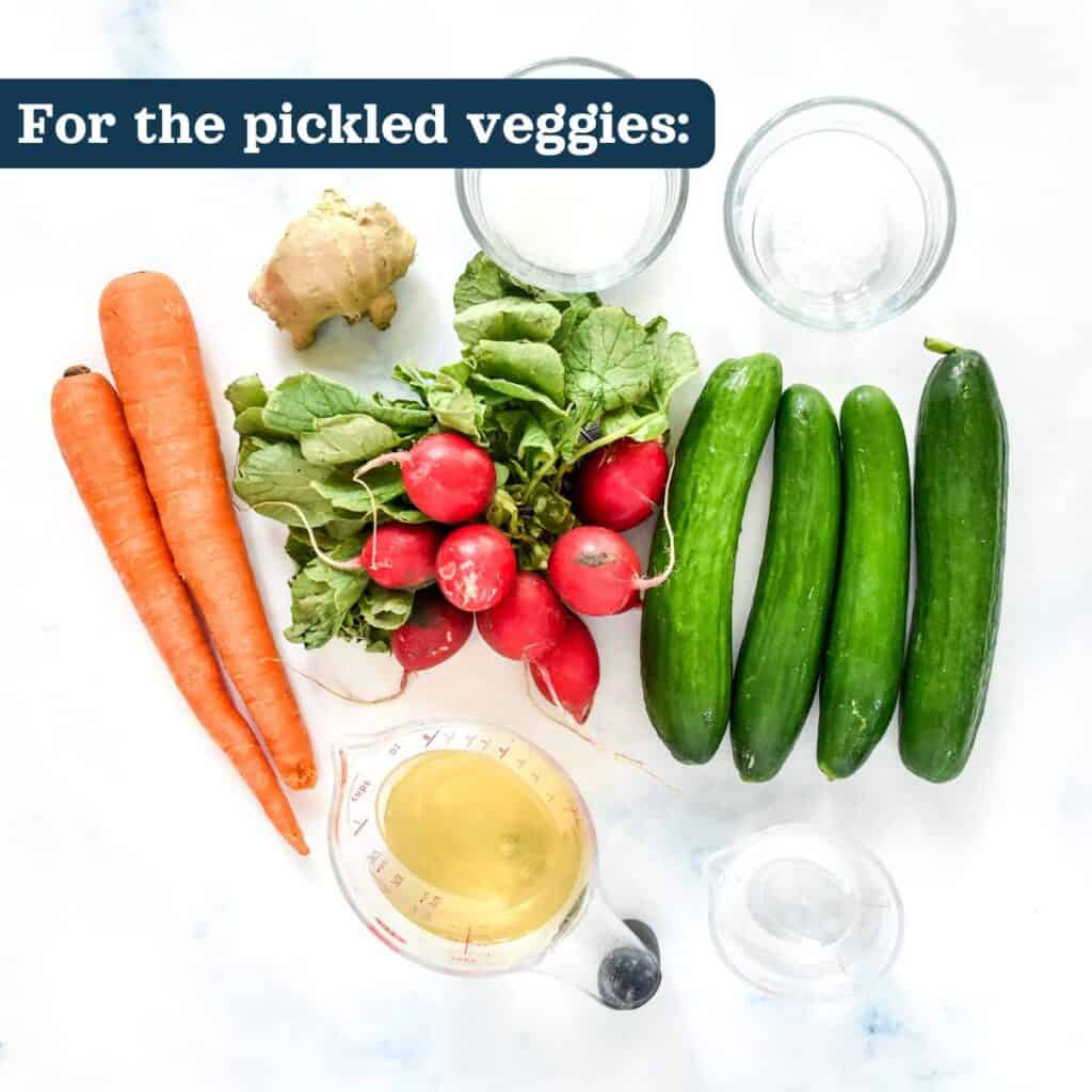 fresh vegetables on a counter with text "For the pickled veggies".
