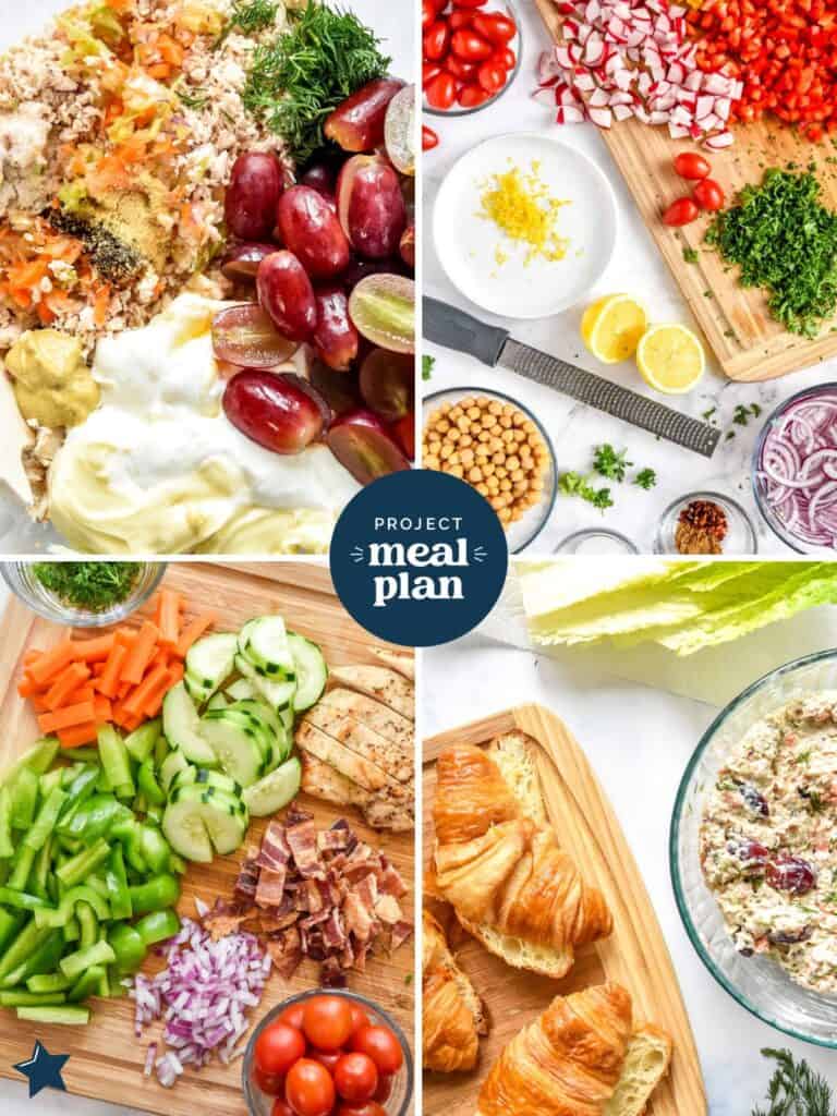 collage image of favorite summer recipes for your next meal plan, with lots of fresh produce.