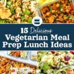 cover for 15 delicious vegetarian meal prep lunches with text and icons.