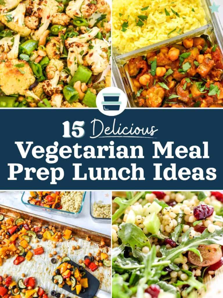 cover for 15 delicious vegetarian meal prep lunches with text and icons.